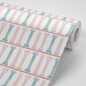Temple wallpaper by Annika Reed in white, roll showing temple columns