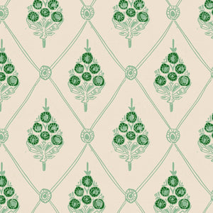 Agra velvet by Annika Reed in green, flat sample of block-print flowers in a trellis