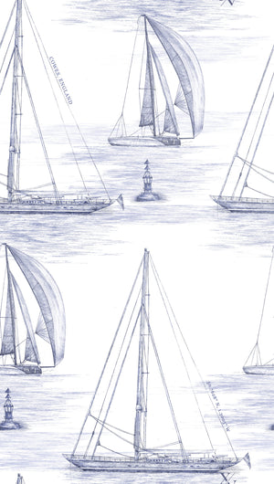 Hamble Yachts wallpaper by XV Interiors in cream, pattern sample of sketched yachts