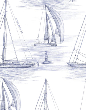 Hamble Yachts wallpaper by XV Interiors in cream, full repeat of sketched yachts (alternate view)