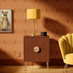 Halo Boulevard wallpaper by Liberty James Studio in brown, a geometric halo pattern behind a console table