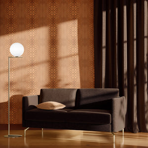 Halo Boulevard wallpaper by Liberty James Studio in brown, a geometric halo pattern on a living room wall