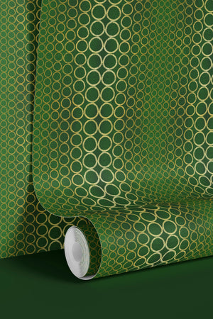 Halo Boulevard wallpaper by Liberty James Studio in green, sample roll showing a geometric halo pattern