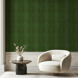 Halo Boulevard wallpaper by Liberty James Studio in green, a geometric halo pattern in a living room