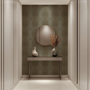 Halo Boulevard wallpaper by Liberty James Studio in gold, a geometric halo pattern in a hallway