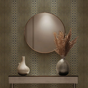 Halo Boulevard wallpaper by Liberty James Studio in gold, a geometric halo pattern above a sideboard