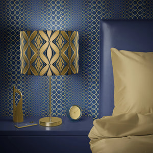 Halo Boulevard wallpaper by Liberty James Studio in navy, a geometric halo pattern in a bedroom
