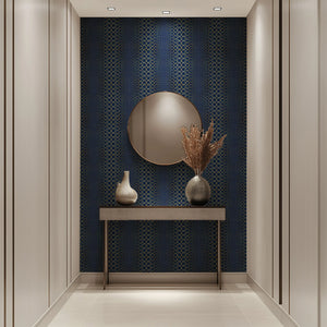 Halo Boulevard wallpaper by Liberty James Studio in navy, a geometric halo pattern above a sideboard