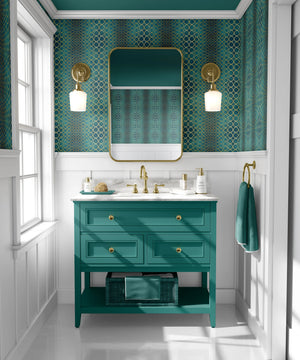 Halo Boulevard wallpaper by Liberty James Studio in teal, a geometric halo pattern in a bathroom