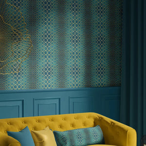 Halo Boulevard wallpaper by Liberty James Studio in teal, a geometric halo pattern behind a sofa in a living room