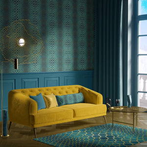 Halo Boulevard wallpaper by Liberty James Studio in teal, a geometric halo pattern in a living room