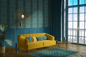 Halo Boulevard wallpaper by Liberty James Studio in teal, a geometric halo pattern in a living room
