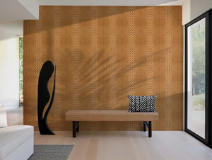 Halo Boulevard wallpaper by Liberty James Studio in gold, a geometric halo pattern in a hallway