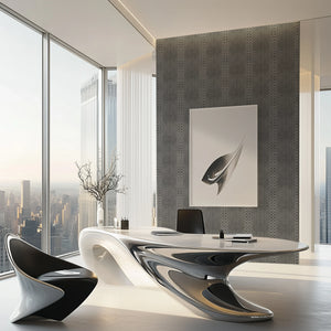 Halo Boulevard wallpaper by Liberty James Studio in silver, a geometric halo pattern in a living room