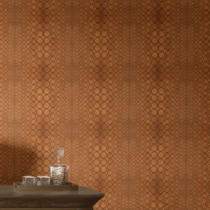 Halo Boulevard wallpaper by Liberty James Studio in brown, a geometric halo pattern above a sideboard
