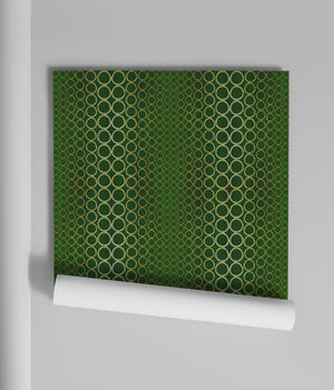 Halo Boulevard wallpaper by Liberty James Studio in green, partly unrolled roll showing a geometric halo pattern