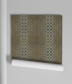 Halo Boulevard wallpaper by Liberty James Studio in gold, roll showing a geometric halo pattern