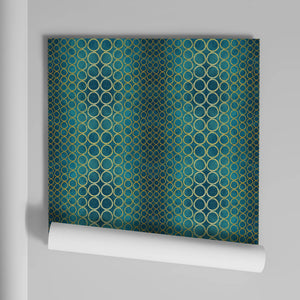 Halo Boulevard wallpaper by Liberty James Studio in teal, roll showing a geometric halo pattern