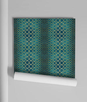Halo Boulevard wallpaper by Liberty James Studio in teal, roll showing a geometric halo pattern