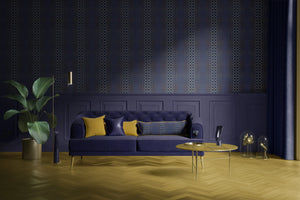 Halo Boulevard wallpaper by Liberty James Studio in navy, a geometric halo pattern on a living room wall