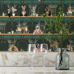Happy Hour wallpaper by Brand McKenzie in green, animals at a cocktail bar behind bar stools