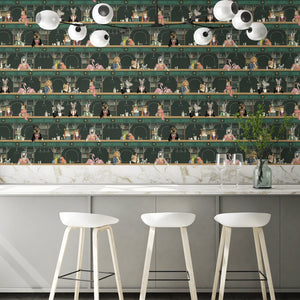 Happy Hour wallpaper by Brand McKenzie in green, animals at a cocktail bar in a kitchen