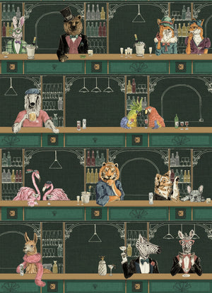 Happy Hour wallpaper by Brand McKenzie in green, detail of animals at a cocktail bar