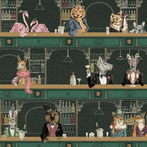 Happy Hour wallpaper by Brand McKenzie in green, close-up of animals at a cocktail bar