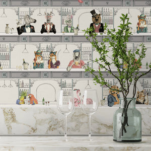 Happy Hour wallpaper by Brand McKenzie in white, animals at a cocktail bar in a kitchen