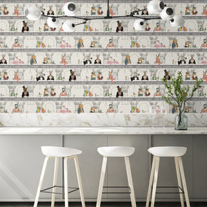 Happy Hour wallpaper by Brand McKenzie in white, animals at a cocktail bar behind bar stools