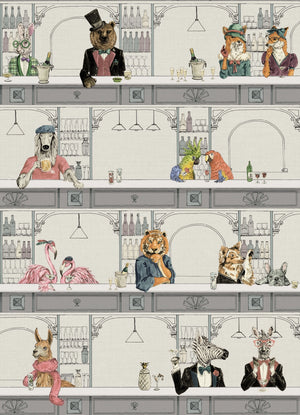 Happy Hour wallpaper by Brand McKenzie in white, close view of animals at a cocktail bar