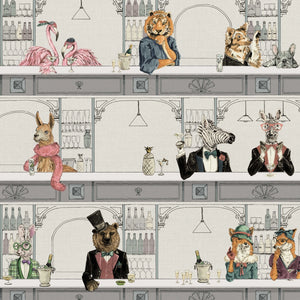 Happy Hour wallpaper by Brand McKenzie in white, detail of animals at a cocktail bar