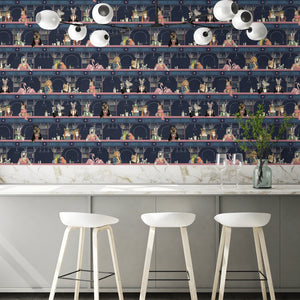 Happy Hour wallpaper by Brand McKenzie in black, animals at a cocktail bar in a kitchen