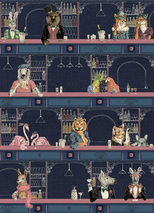 Happy Hour wallpaper by Brand McKenzie in navy and pink, close view of animals at a cocktail bar