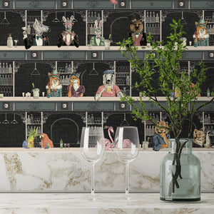 Happy Hour wallpaper by Brand McKenzie in navy, animals at a cocktail bar behind bar stools