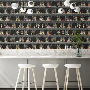 Happy Hour wallpaper by Brand McKenzie in black, animals at a cocktail bar above kitchen cabinets