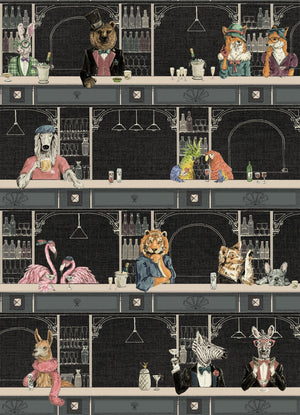 Happy Hour wallpaper by Brand McKenzie in black, close-up of animals at a cocktail bar