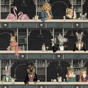 Happy Hour wallpaper by Brand McKenzie in black, pattern detail of animals at a cocktail bar