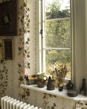 Hedgerows wallpaper by Studio Le Cocq in cream, hedgerow flowers and birds in stripes in a kitchen