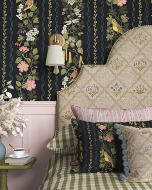 Hedgerows wallpaper by Studio Le Cocq in black, hedgerow flowers and birds in stripes on a feature wall