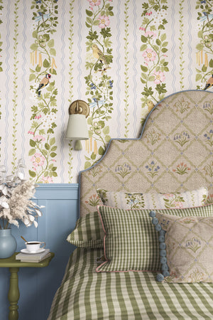 Hedgerows wallpaper by Studio Le Cocq in cream, hedgerow flowers and birds in stripes in a styled room setting