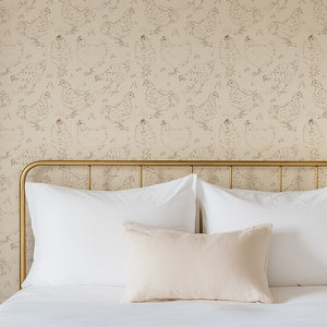 Hens wallpaper by Seed Home Designs in beige, line-drawn hens in a bedroom