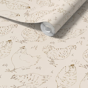 Hens wallpaper by Seed Home Designs in beige, roll showing line-drawn hens