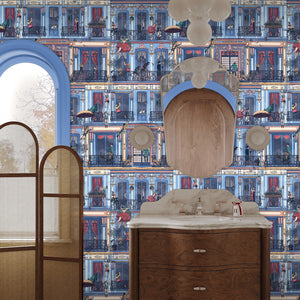 Heritage House wallpaper by Brand McKenzie in blue, townhouse facades with balconies in a hallway