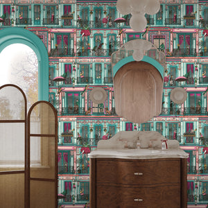 Heritage House wallpaper by Brand McKenzie in turquoise, townhouse facades with balconies on a hallway wall
