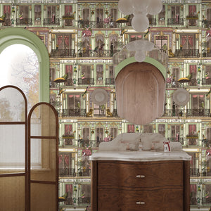 Heritage House wallpaper by Brand McKenzie in green, townhouse facades with balconies in a hallway