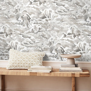 Hidden Clouds wallpaper by Brand McKenzie in grey, clouds with hidden animals in a hallway