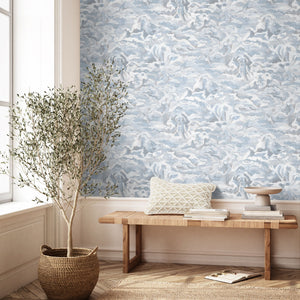 Hidden Clouds wallpaper by Brand McKenzie in pastel and blue, clouds with hidden animals in an entryway