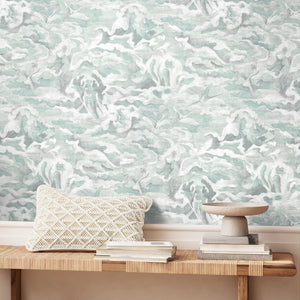 Hidden Clouds wallpaper by Brand McKenzie in pale green, clouds with hidden animals in a hallway
