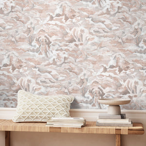 Hidden Clouds wallpaper by Brand McKenzie in pink, clouds with hidden animals on a hallway wall